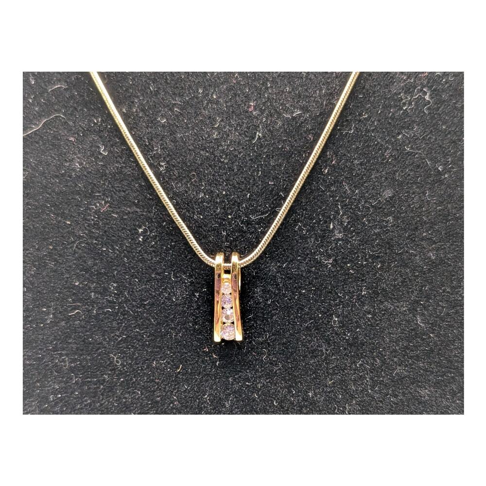 NAPIER Gold Tone Rhinestone Bar Pendant Necklace Snake Chain 22in Vintage